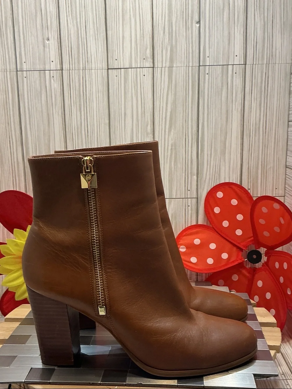 Michael Kors Brown Leather Ankle Booties with Side Zip